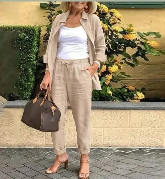 Women's Cotton Linen Shirt and Pants 2-Piece Set