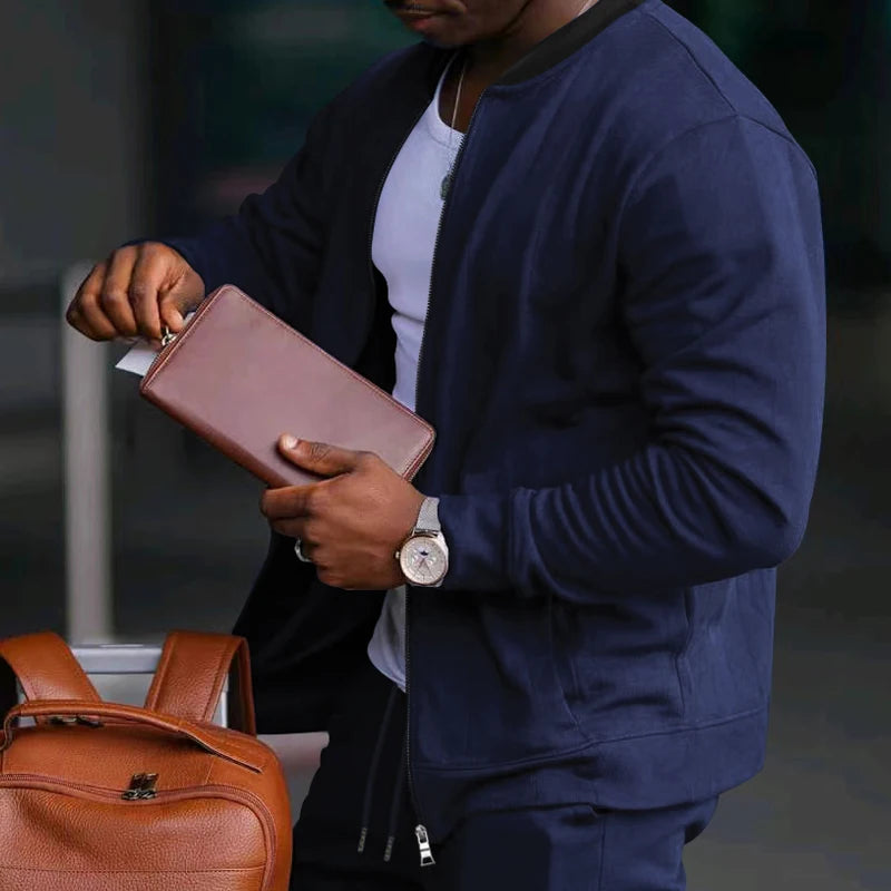 Men's Solid Stand-Collar Zip Jacket and Pants Set