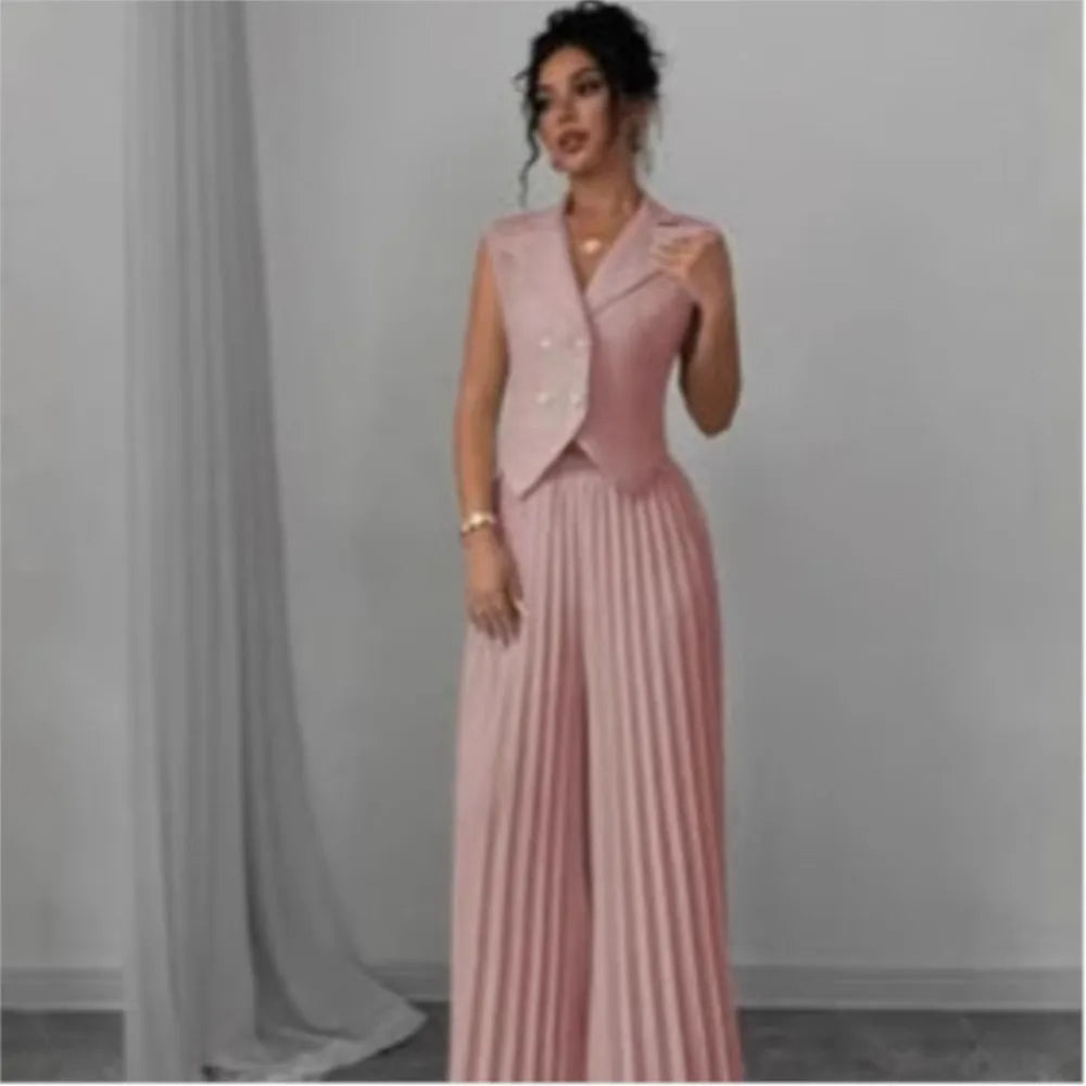 Women's Solid Lapel Sleeveless Top and Trousers Two-Piece Set