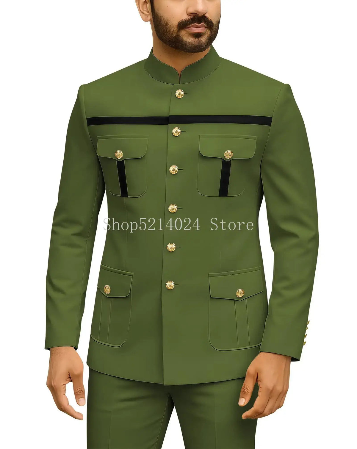 Mens Safari Suit 2 Piece Regular Fit Chinese Suit Stand Collar Gold Button Blazer Pants Set African Outfits