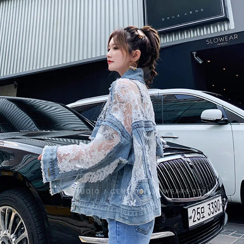 Mesh Embroidery Hole Denim Jacket Summer Lace Stitching Girlish Top