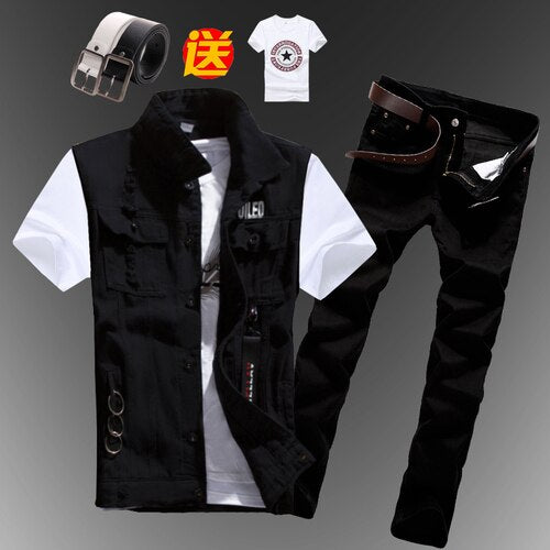 Men's Slim Fit Sleeveless Denim Vest and Jeans Two-Piece Set