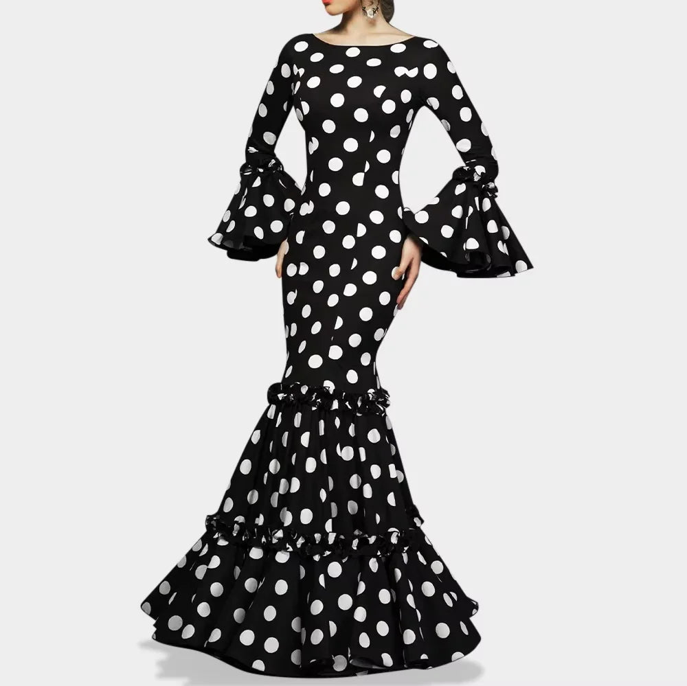 Women's Polka Dot Ruffle Hem Flare Sleeve Maxi Dress
