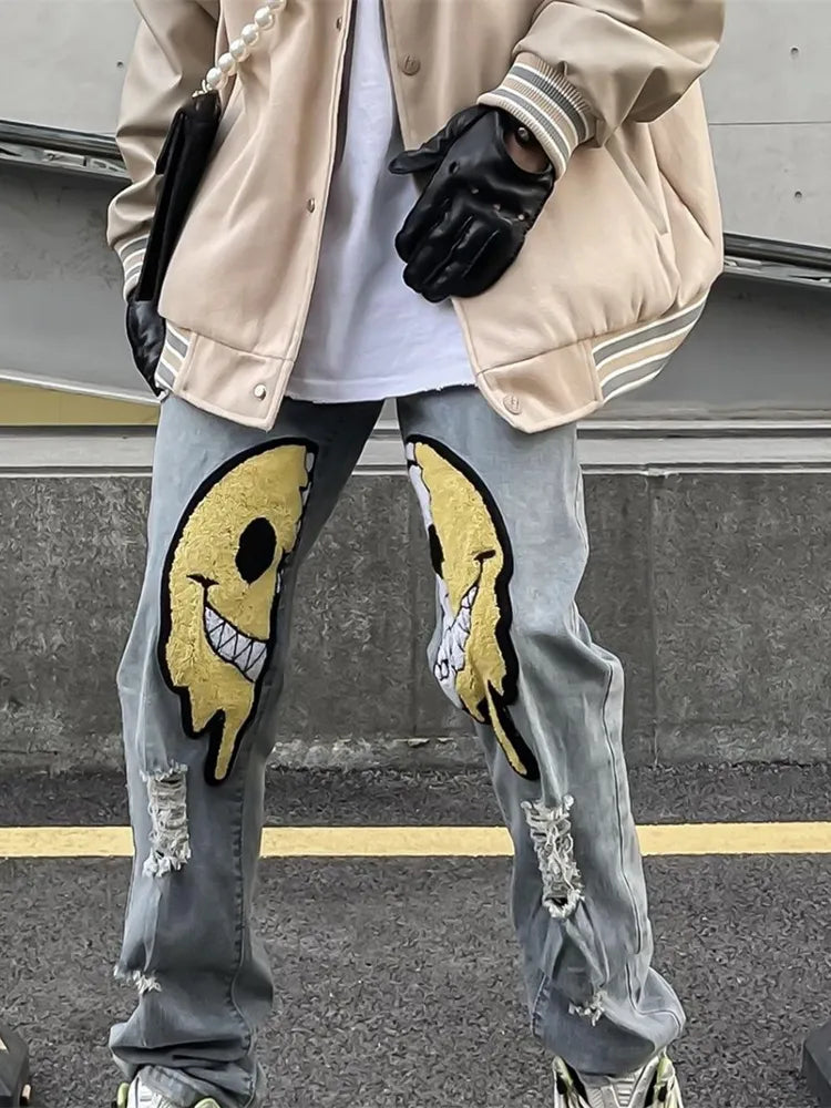 Unisex Straight Ripped Hole Baggy Patchwork Jeans Pants