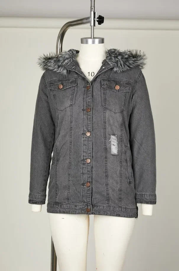 Women's Distressed Fur Collar Denim Jacket