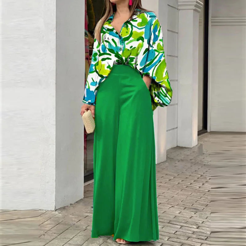 Women's Printed Shirt and Solid Pants Two-Piece Set