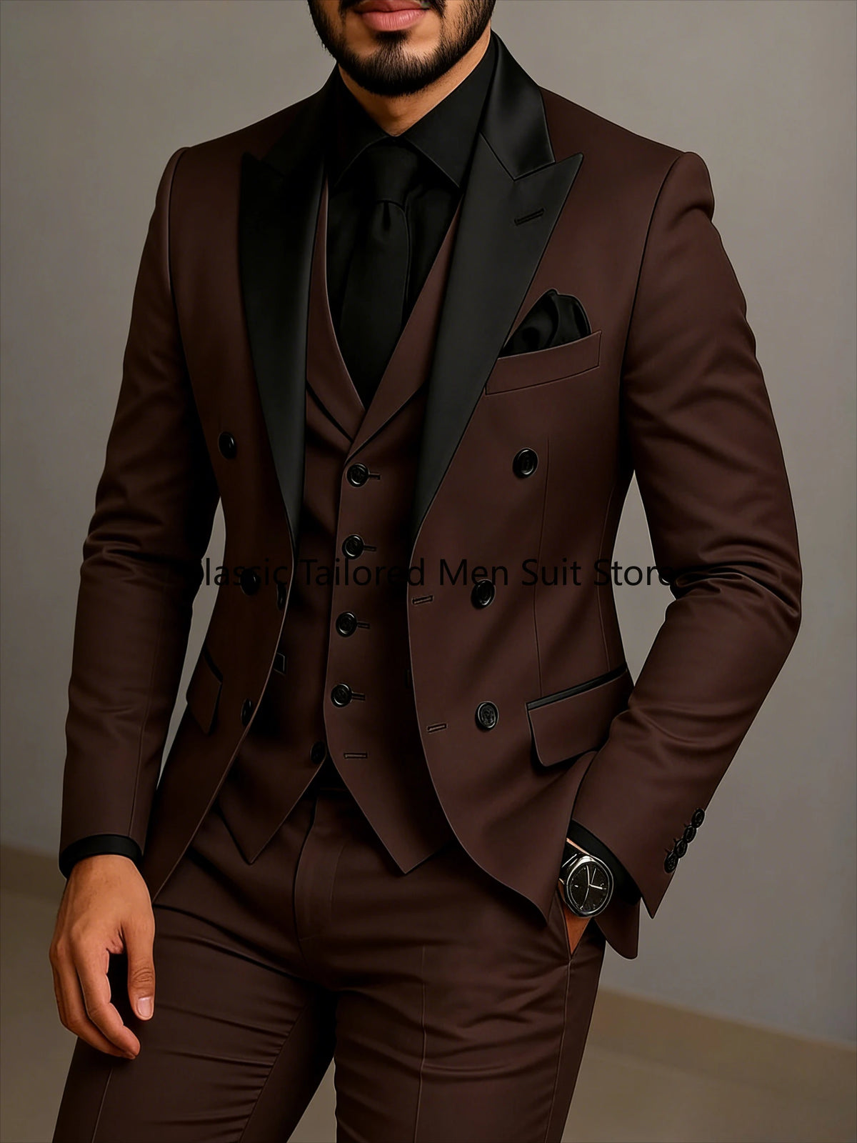 Beige Double Breasted Suit Black Lapel Slim Fit Wedding Suit