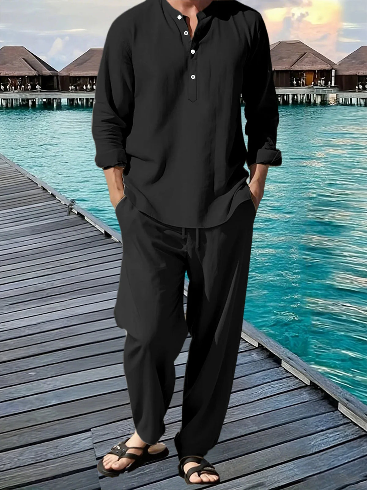 Men's Solid Hawaiian Beach Shirt and Jogger Pants Set