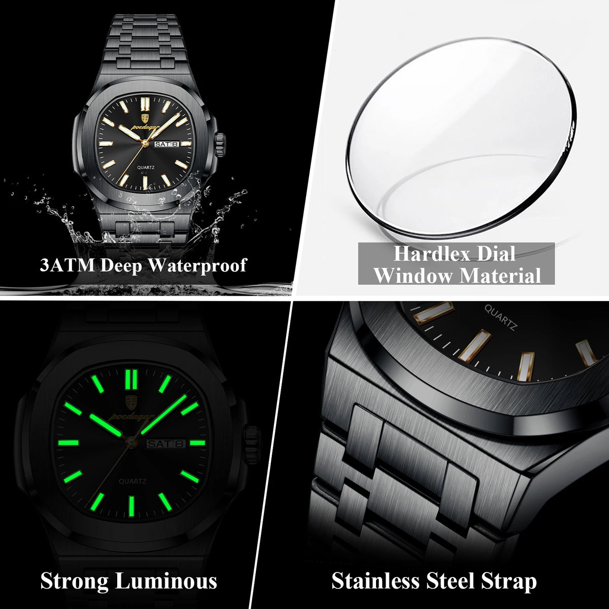 Men's Square Stainless Steel Date Week Quartz Wristwatch