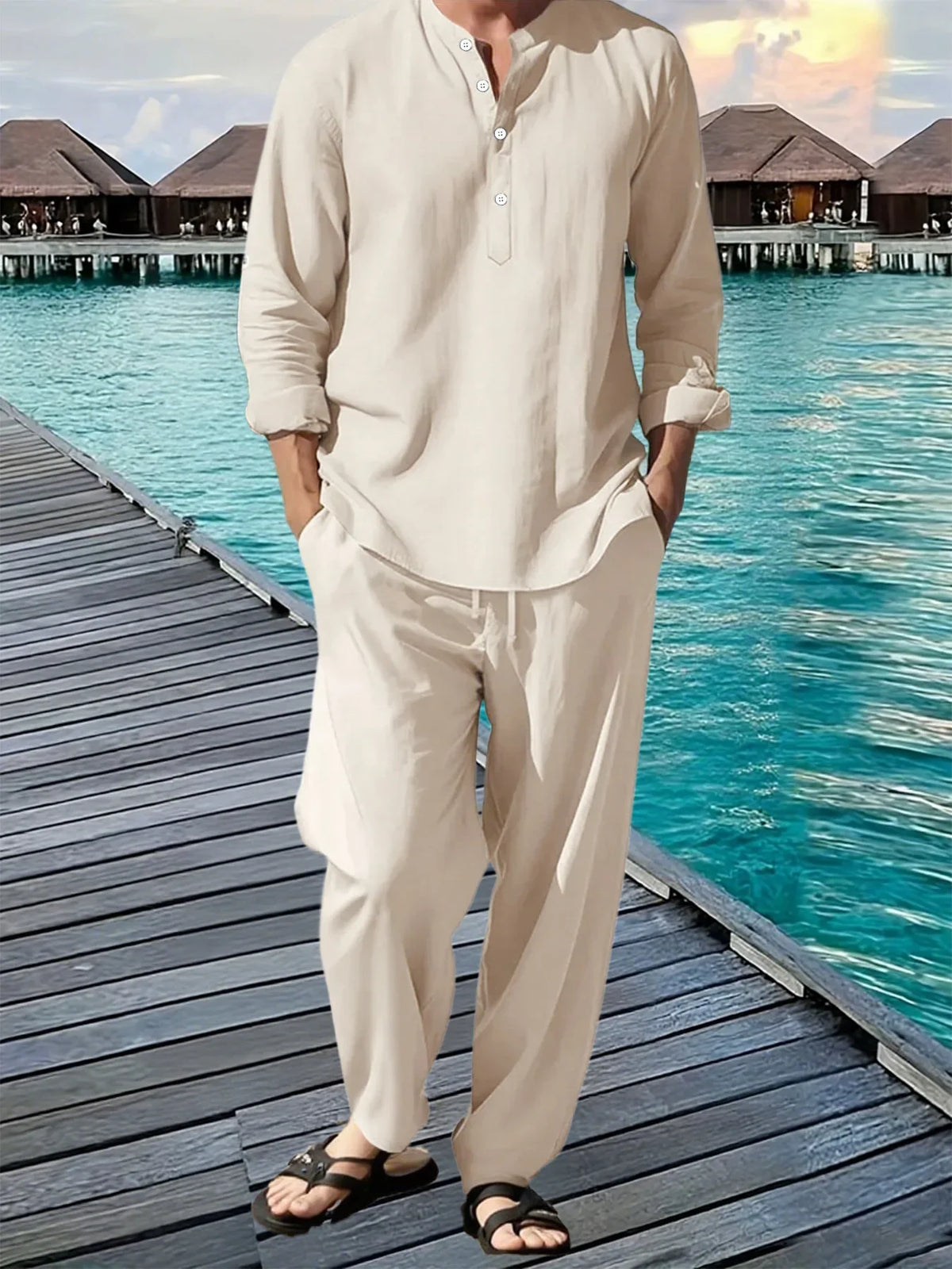 Men's Solid Hawaiian Beach Shirt and Jogger Pants Set