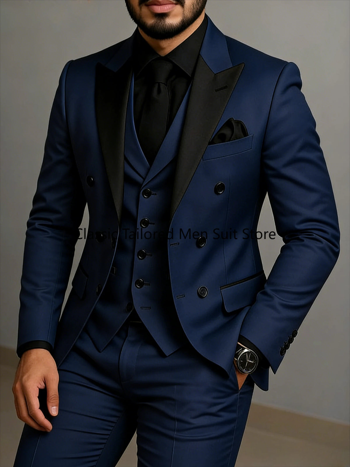 Beige Double Breasted Suit Black Lapel Slim Fit Wedding Suit