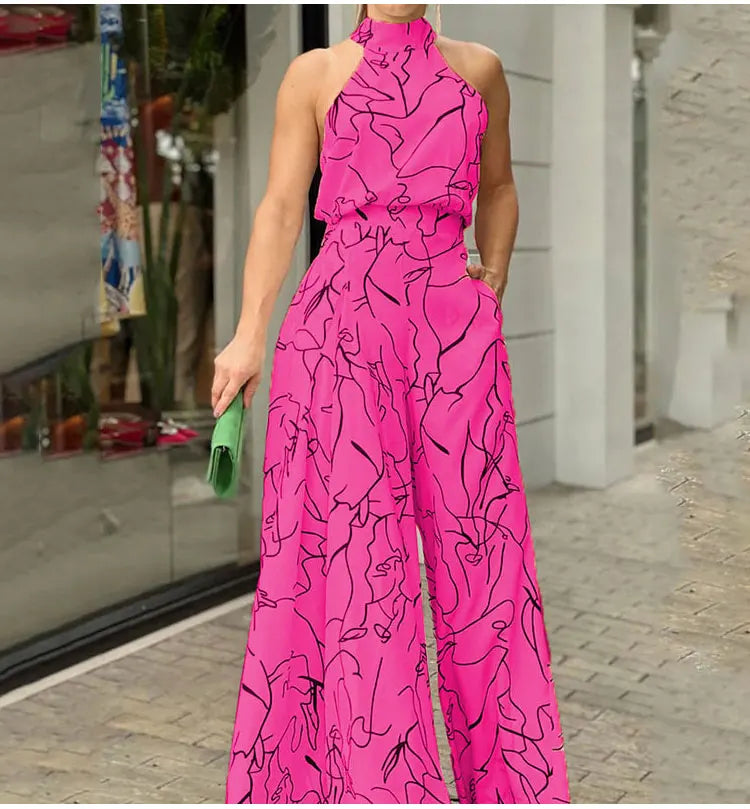 Women's Print Halter Wide-Leg Sleeveless Jumpsuit