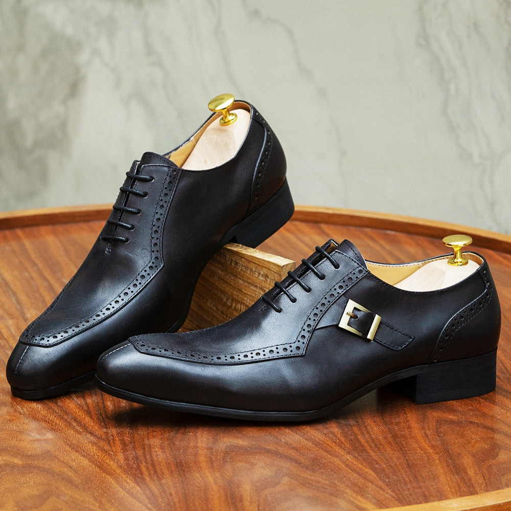 Men's Brown Black Leather Lace-Up Buckle Pointed Oxford Dress Shoes