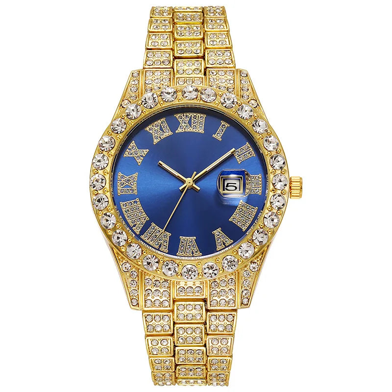Men's Gold Steel Strap Roman Rhinestone Calendar Quartz Watch