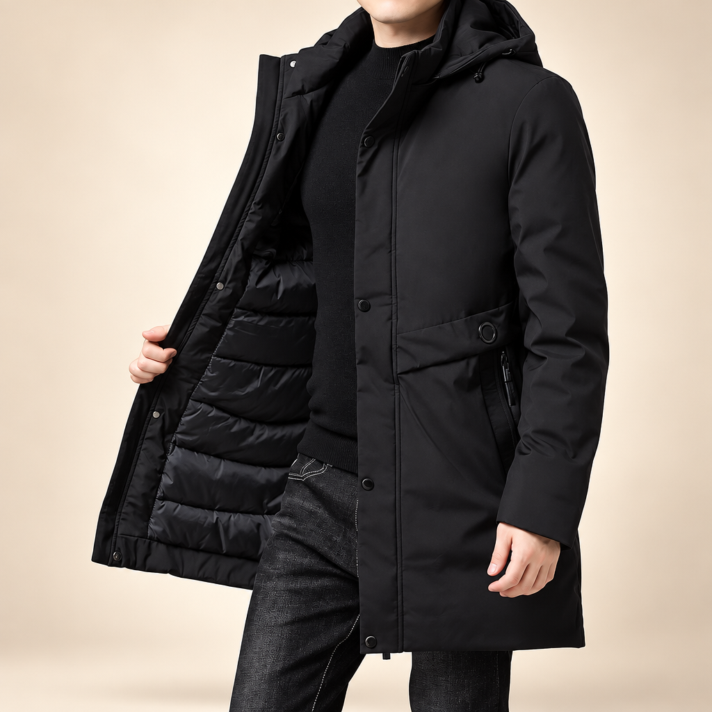 Men's black thick hooded winter parka jacket clean product photo