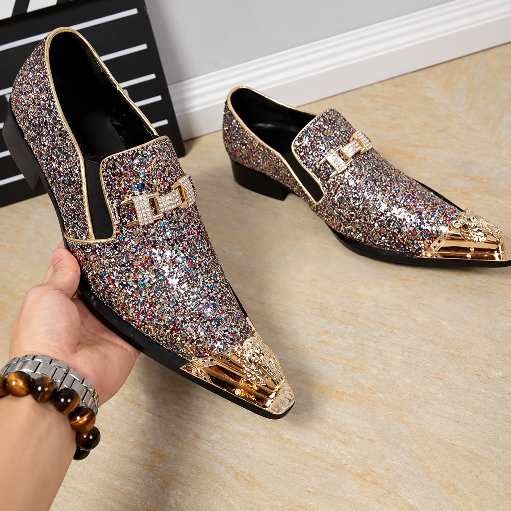 Men's glitter gold Italian pointed leather wedding dress shoes