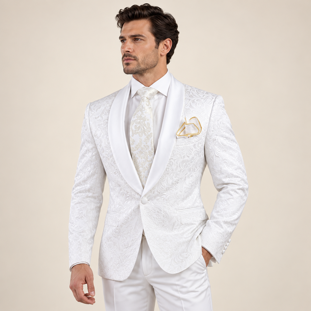 White jacquard wedding tuxedo upper body cream studio