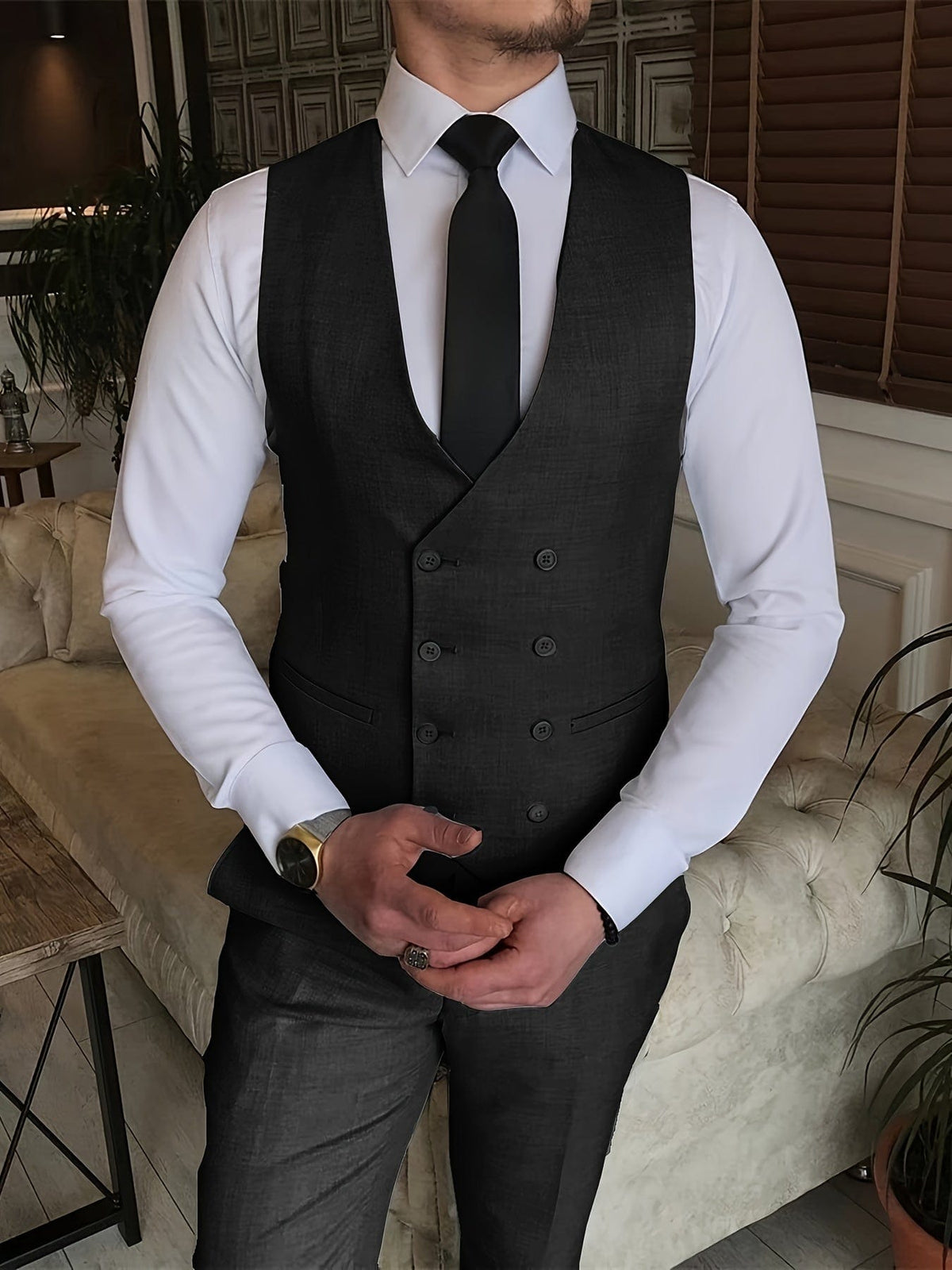 Men's Slim Fit Blazer Double-Breasted Vest and Pants Suit Set