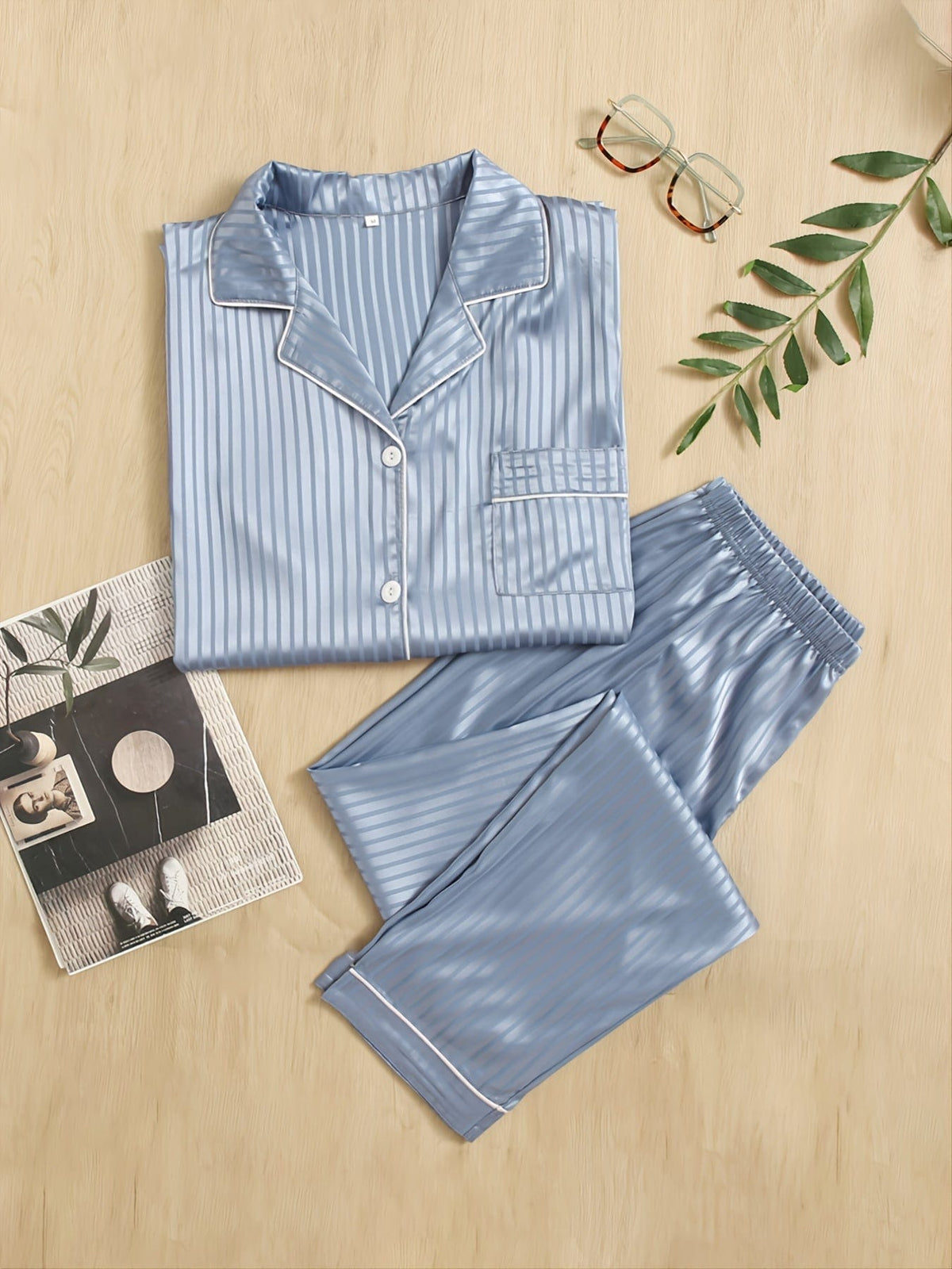 Men's Satin Button-Up Striped Pajama Set, Sleepwear