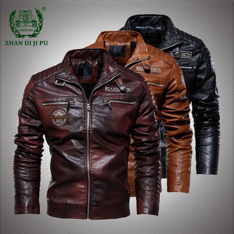 Men's Winter Fleece Faux Leather Motorcycle Stand-Collar Jacket