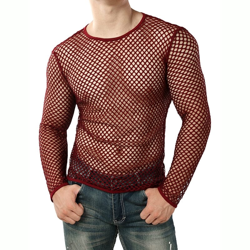Mens Transparent Sexy Mesh T Shirt New See Through Fishnet Long Sleeve Muscle Undershirts Nightclub Party Perform Top Tees