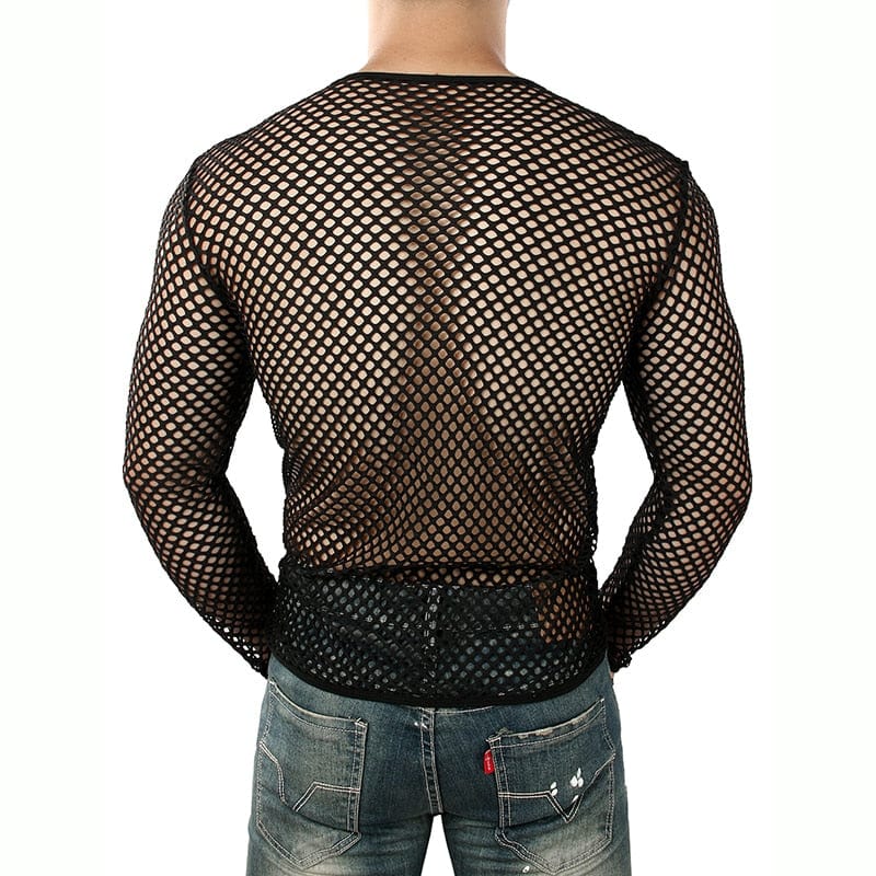 Mens Transparent Sexy Mesh T Shirt New See Through Fishnet Long Sleeve Muscle Undershirts Nightclub Party Perform Top Tees