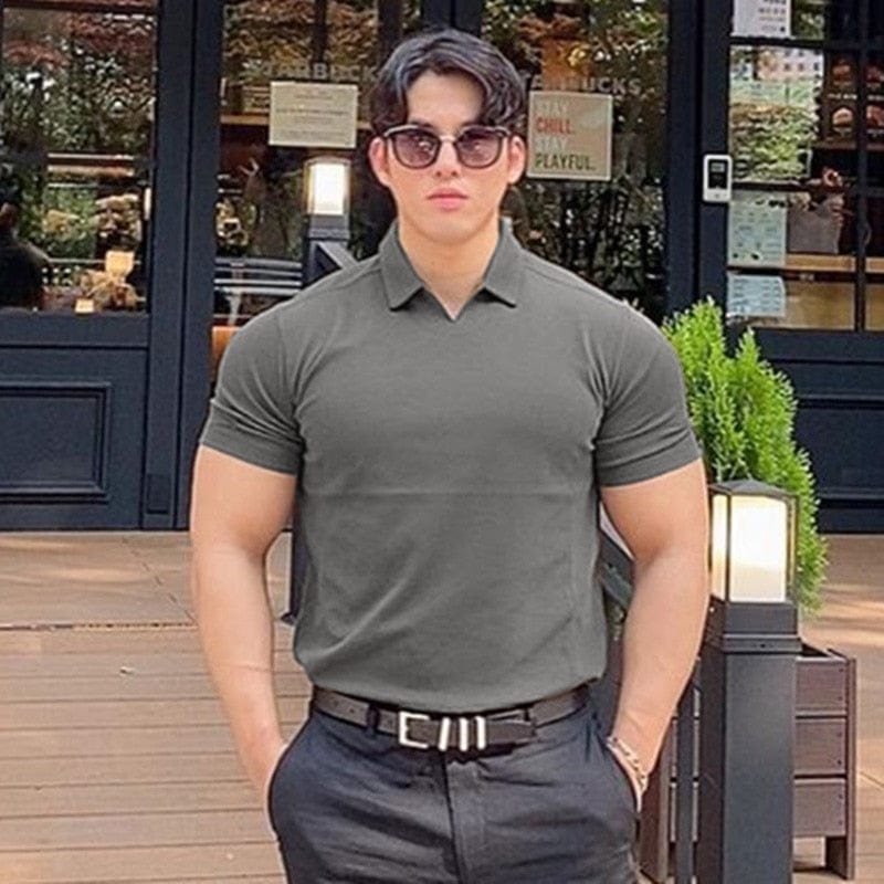 Men's Solid V-Neck Short-Sleeve Slim Fitness Polo Shirt