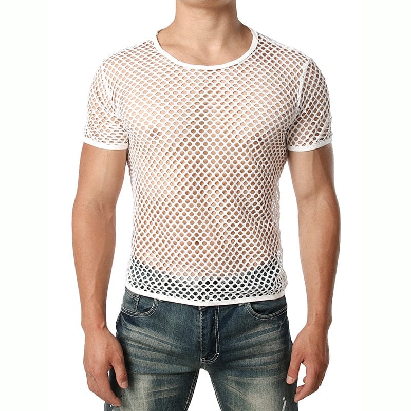 Mens Transparent Sexy Mesh T Shirt New See Through Fishnet Long Sleeve Muscle Undershirts Nightclub Party Perform Top Tees