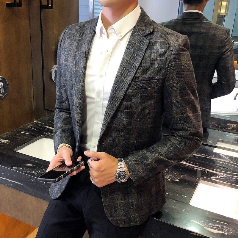 Men's Vintage Plaid One-Button British Blazer, Business Casual Jacket