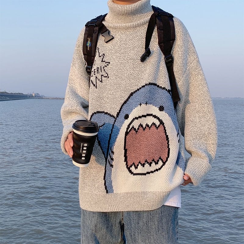 Men's Oversized Patchwork Turtleneck Sweater 2026, Grey Korean Style High Neck