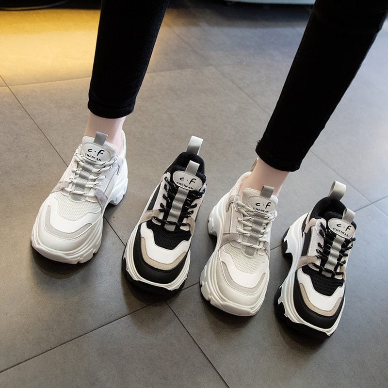 Women's Black White Chunky Platform Dad Sneakers 8cm