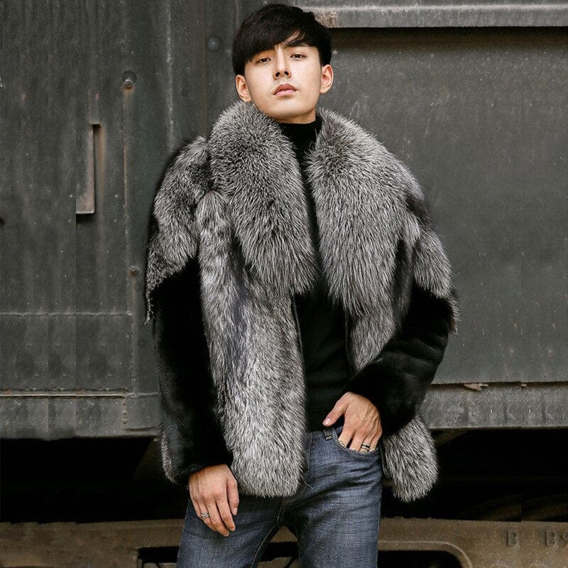 Men's Grey Faux Fur Winter Warm Coat Jacket Outwear