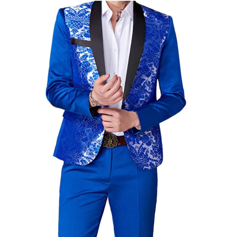 Men's Colorful Slim Fit Flower Blazer and Pants Two-Piece Suit