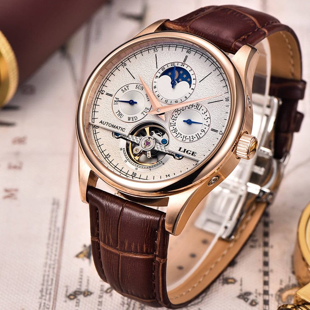 Men's Automatic Skeleton Tourbillon Watch with Calendar