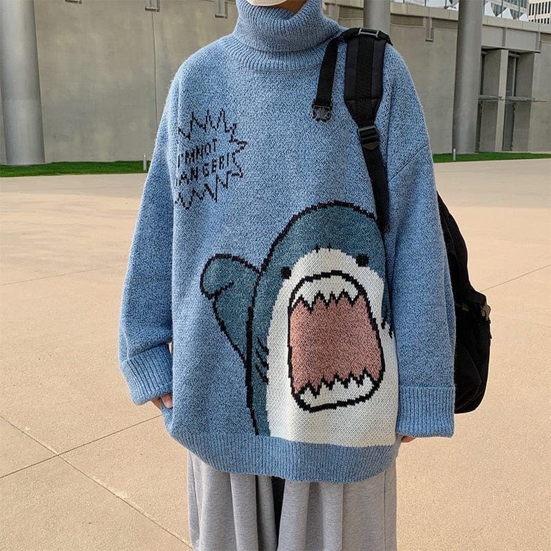 Men's Oversized Patchwork Turtleneck Sweater 2026, Grey Korean Style High Neck