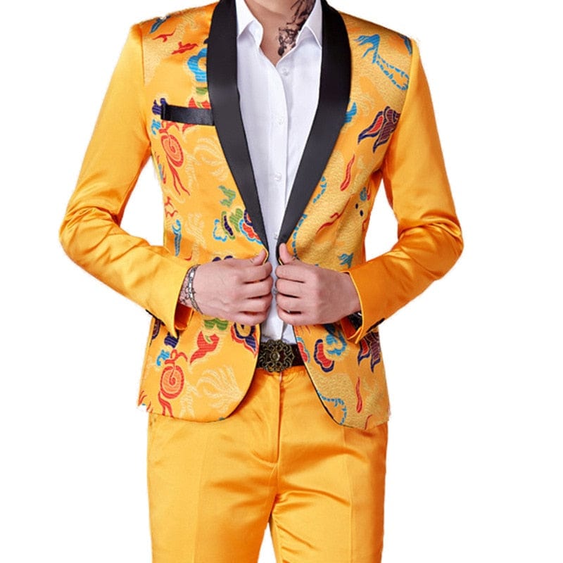 Men's Colorful Slim Fit Flower Blazer and Pants Two-Piece Suit