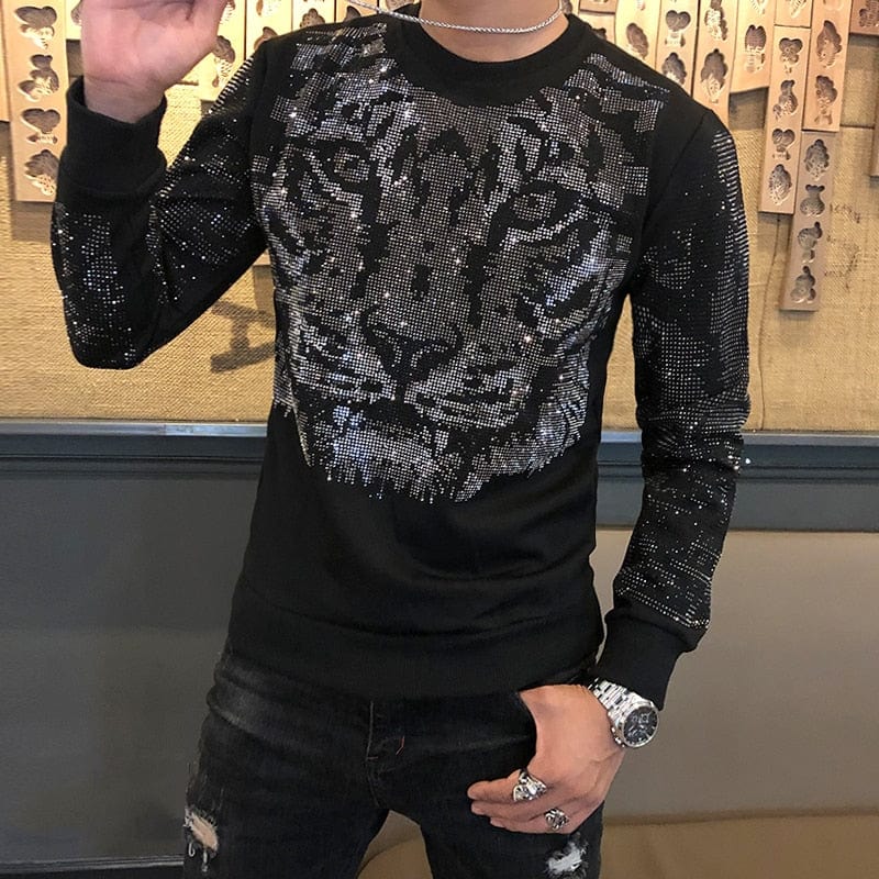Men's Tiger Head Rhinestone Heavyweight T-Shirt