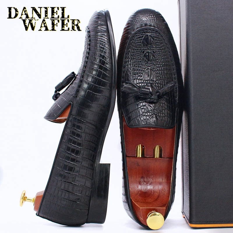 Men's Black Coffee Crocodile Print Tassel Slip-On Leather Loafers