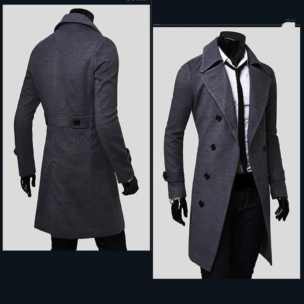 Men's Solid Color Double-Breasted Long Trench Coat