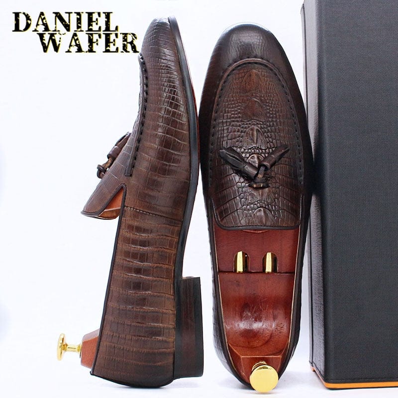 Men's Black Coffee Crocodile Print Tassel Slip-On Leather Loafers