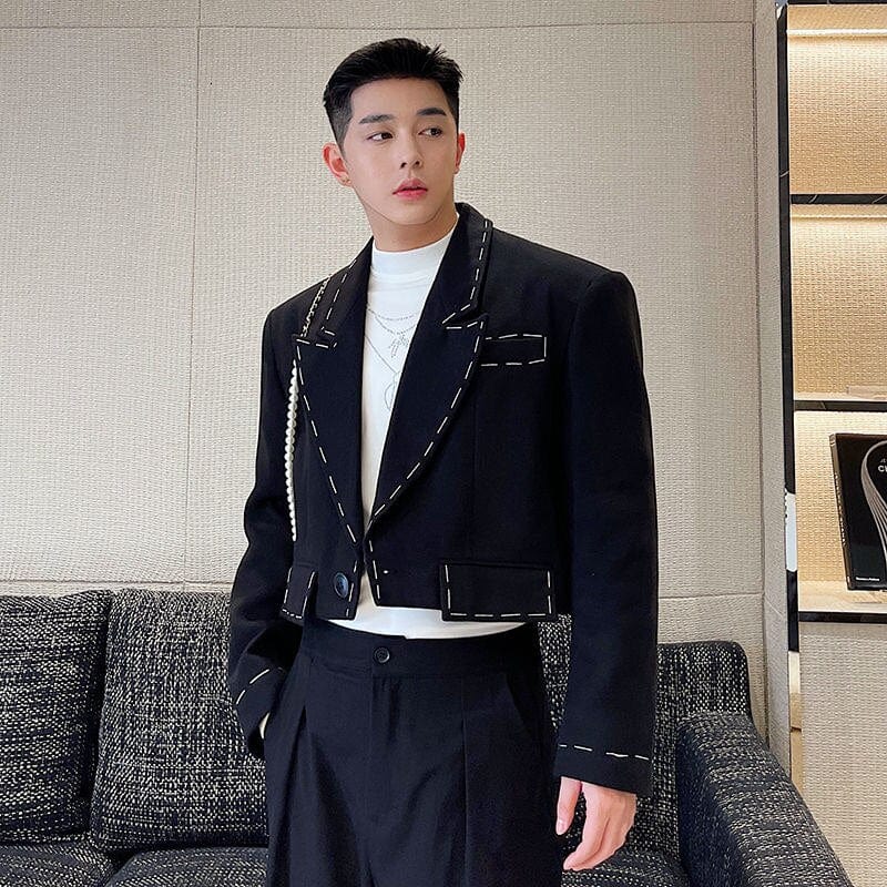 Men's Topstitched Loose Notched Woolen Suit Blazer