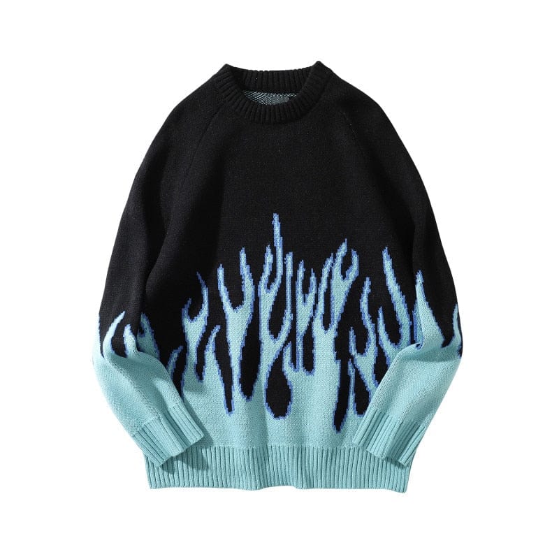 Men's Blue Flame Knit Pullover Streetwear Sweater