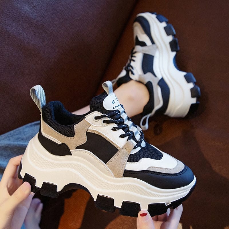 Women's Black White Chunky Platform Dad Sneakers 8cm