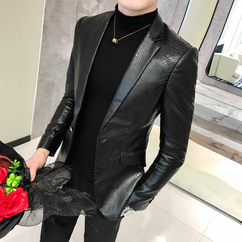 Men's Black Slim Fit PU Leather One-Button Blazer Prom Coat