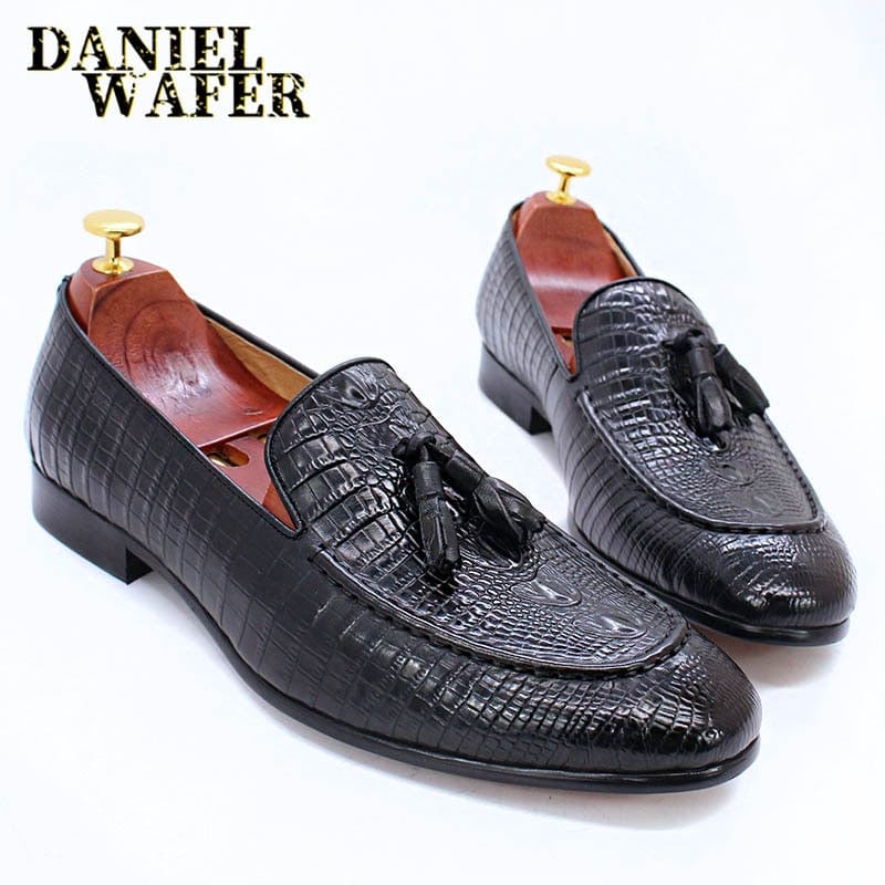 Men's Black Coffee Crocodile Print Tassel Slip-On Leather Loafers