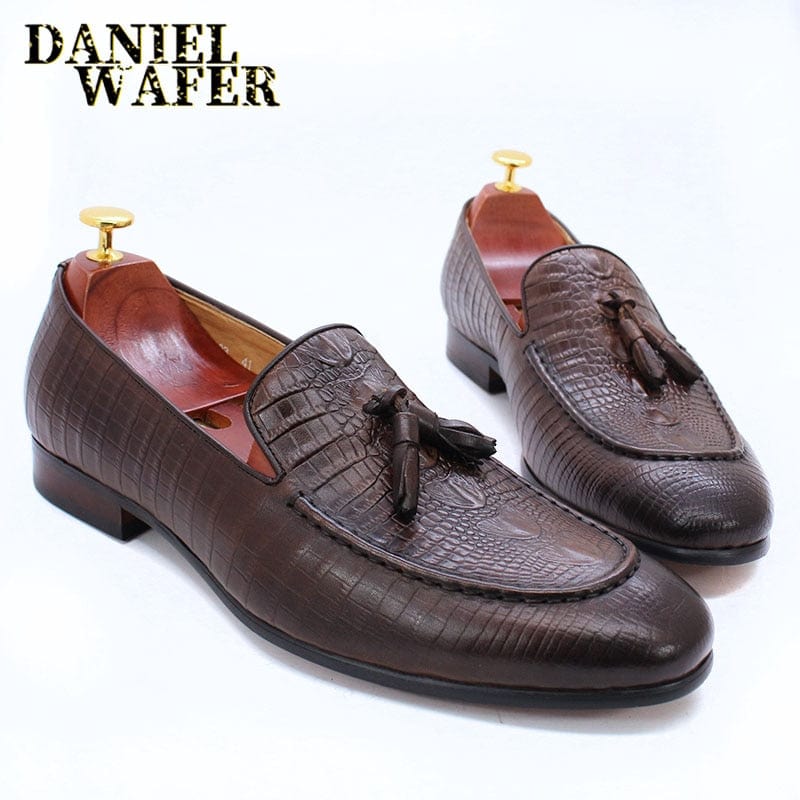 Men's Black Coffee Crocodile Print Tassel Slip-On Leather Loafers