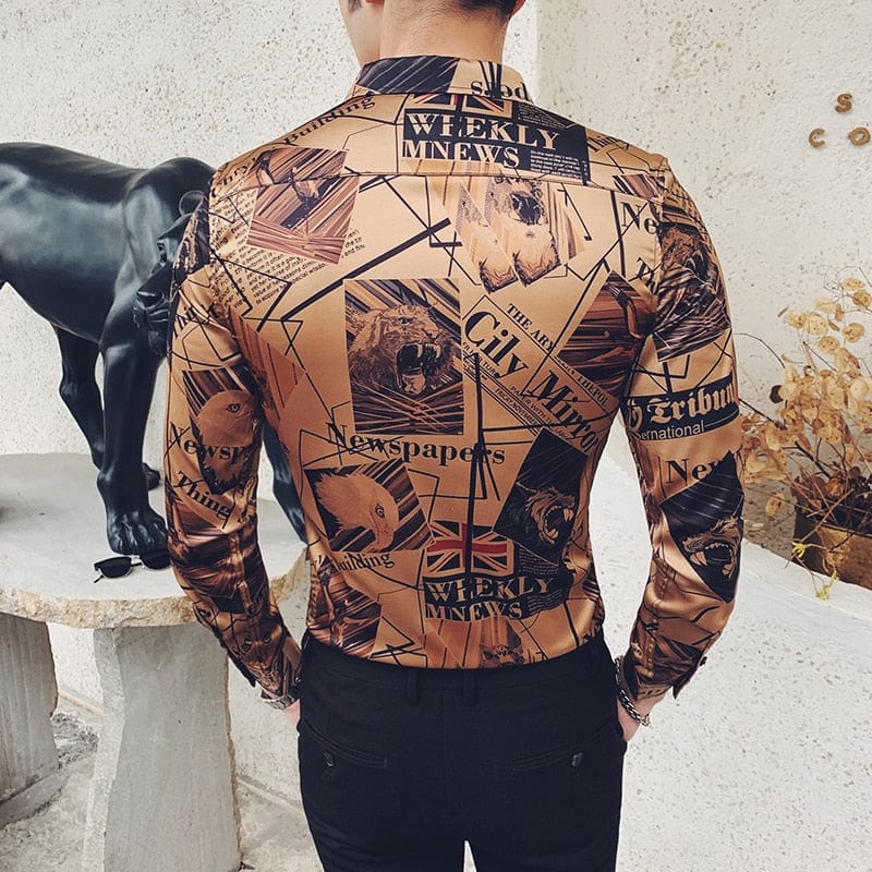 Men's Gold Newspaper Print Long Sleeve Floral Shirt