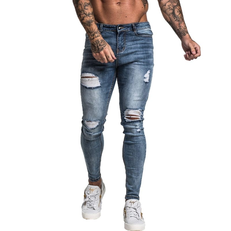 Men's Light Blue Distressed Super Skinny Stretch Jeans