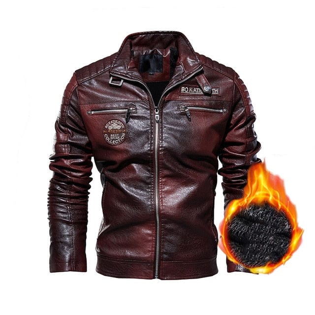 Men's Winter Fleece Faux Leather Motorcycle Stand-Collar Jacket