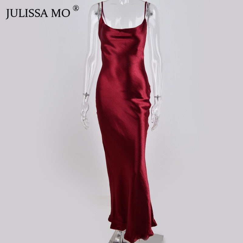 Women's Satin Lace-Up Backless Trumpet Long Party Dress